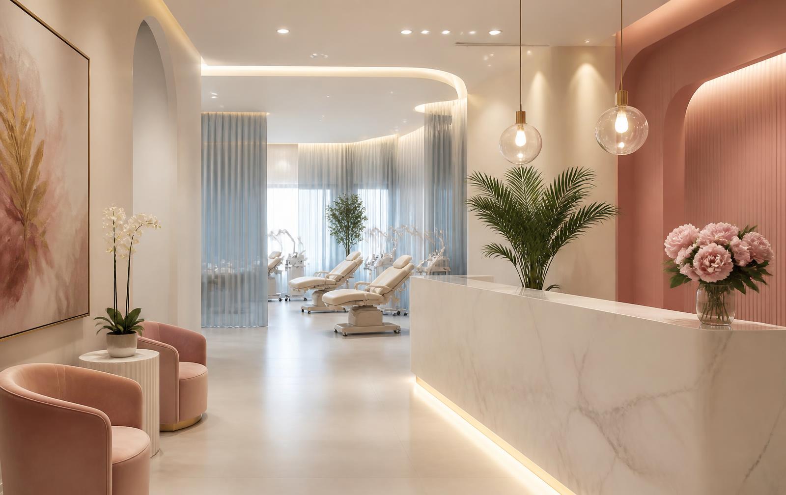 Interior of BC Skin Clinic & Laser with ivory treatment suites and rose accents
