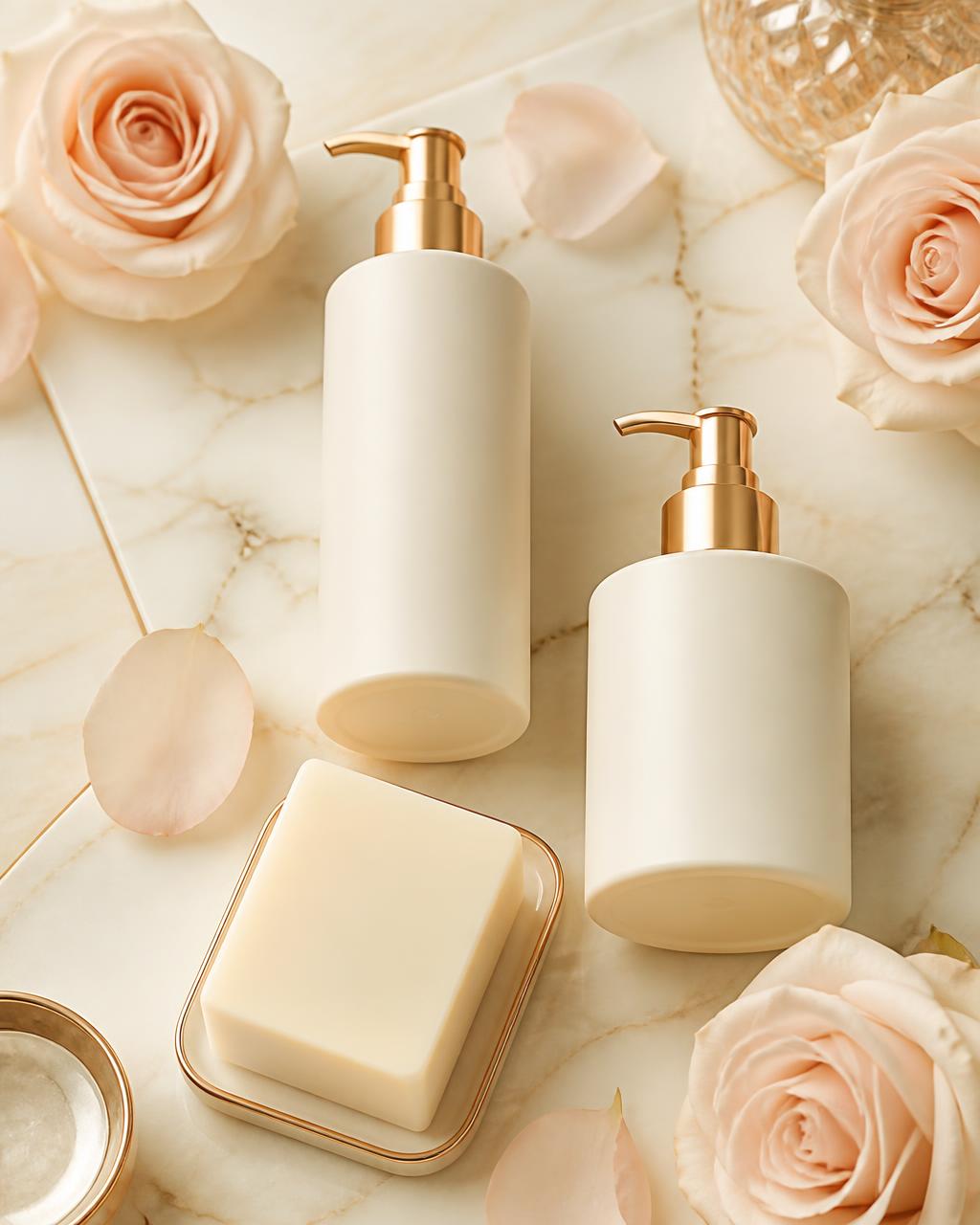 Premium brightening skincare products on warm marble